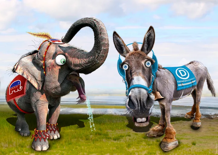 Caricatures of the GOP Elephant and the Dem Donkey